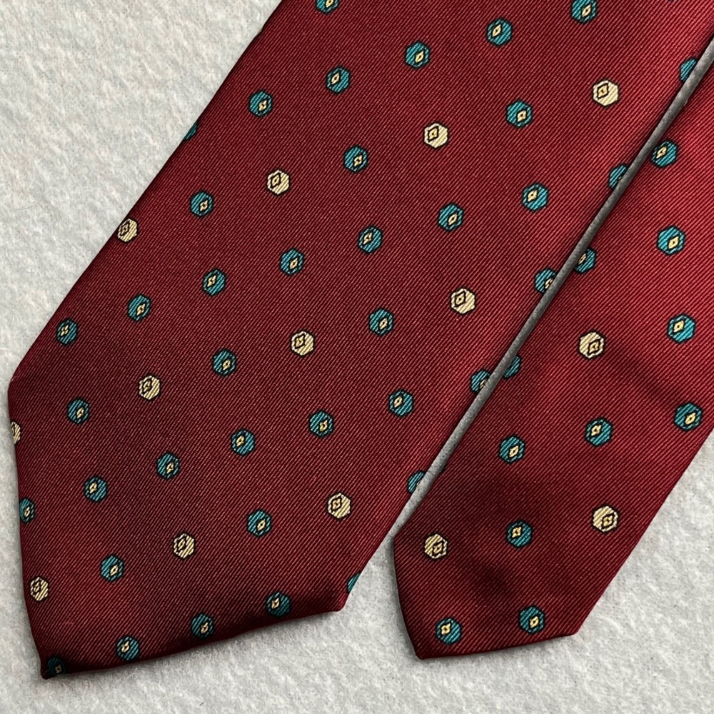 Yves Saint Laurent Mens Silk Tie Burgundy Teal Geometric Medallion Ribbed YSL